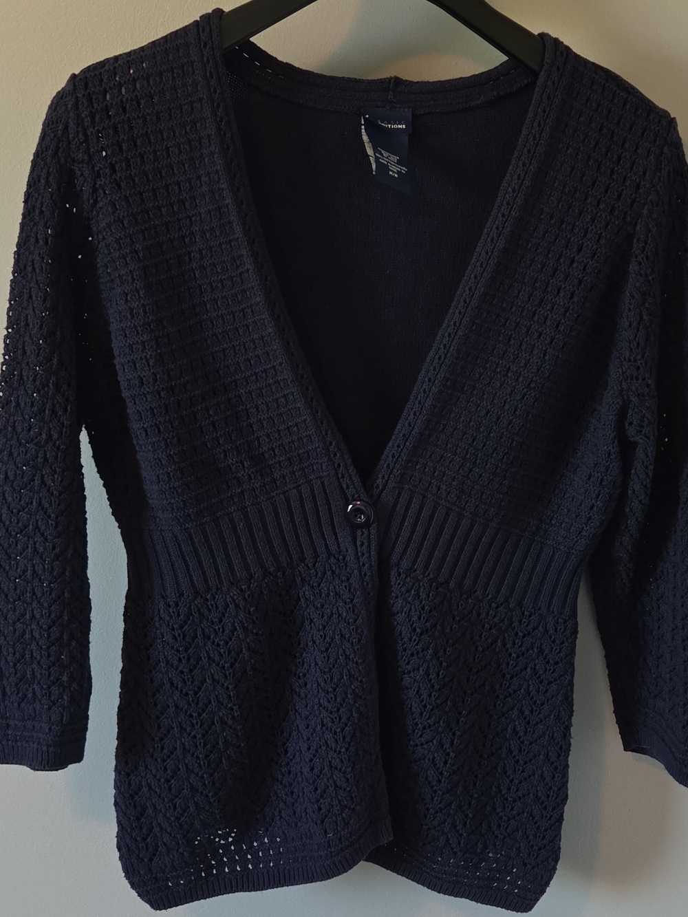 Basic Editions Navy V‑Neck Open‑Weave Button Cardigan Size M